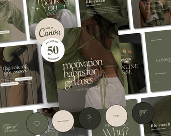 Mallar för Instagram för livscoacher, affärscoacher, livsstilscoacher, mindfulnesscoacher, lyxiga mallar, estetiska mallar för grönt tema, inlägg för sociala medier.