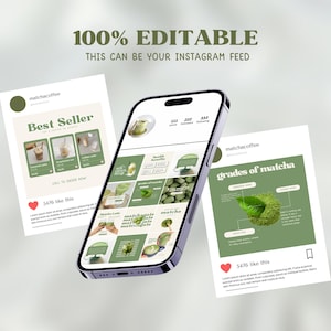 May include: A mockup of an Instagram feed showcasing a matcha tea brand. The feed includes images of matcha lattes, matcha powder, and matcha tea leaves. The text on the feed includes "Best Seller", "Grades of Matcha", and "Matcha Benefits".