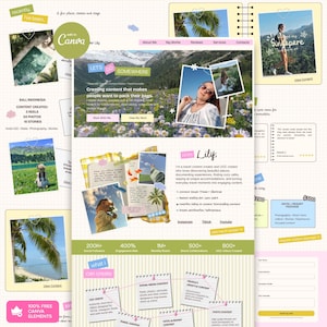 Könnte beinhalten: Eine digitale Portfolio-Vorlage mit dem Website-Layout eines Reise-Content-Creators. Das Design umfasst Fotocollagen, Textabschnitte, Social-Media-Statistiken und Kontaktformulare auf einem Hintergrund mit Rastermuster und pastellfarbenen Akzenten.