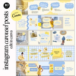 Puede incluir: Un conjunto de plantillas de publicaciones de carrusel de Instagram de Canva en azul claro y amarillo. El diseño incluye texto y gráficos sobre vlogging, branding y marketing en redes sociales. Las palabras "Instagram carousel posts" y "edit in Canva" son visibles.
