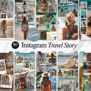 Op de afbeelding: Een verzameling van 10 Instagram-sjablonen voor reisverhalen. Elke sjabloon bevat afbeeldingen van mensen op vakantie, met tekstoverlays zoals "Exploring New Corners" en "Wander where the WiFi is weak". De sjablonen zijn ontworpen om te worden bewerkt in Canva.