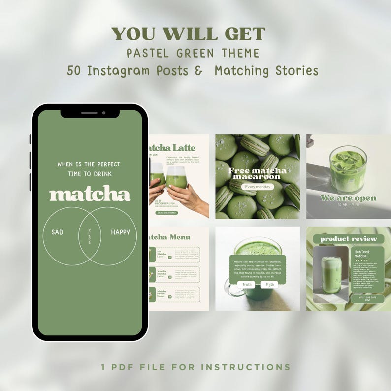 May include: A digital mockup of a social media post template for a matcha tea business. The template features a green color scheme with text that says "When is the perfect time to drink matcha?" and a Venn diagram with the words "Sad" and "Happy". The template also includes images of matcha lattes, macarons, and a product review.