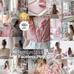 May include: A collage of images featuring a pink theme. The images include a pink mouse and mousepad, a woman in a pink blouse, and a woman working on a laptop. The text "Premium Stock Photos Faceless Pink Girl" is visible.