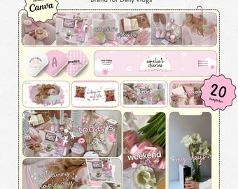 Youtube-varumärkespaket för Youtube-miniatyrer, rosa tema, Youtube-kanalkonst, varumärkesbyggande, Girly Core, Youtube Daily Vlog-varumärkespaketmall