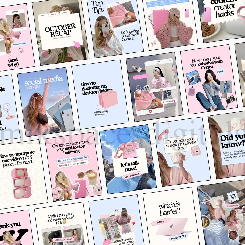 Instagram Template Social Media Templates Pink Instagramable Template canva template instagram bundle templates instagram plantillas sociales digital marketer digital marketeer content creation content cration content creating aes thetics Social Media Manager Instagram Templates SMM Posts and Stories Instagram Marketing Digital Marketer Social Canva Templates Blue & Pink Theme Etsy
