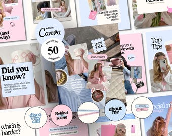 Mallar för sociala medier Instagram-hanterare SMM-inlägg och berättelser Instagram-marknadsföring Digital marknadsförare Sociala Canva-mallar Blått och rosa tema