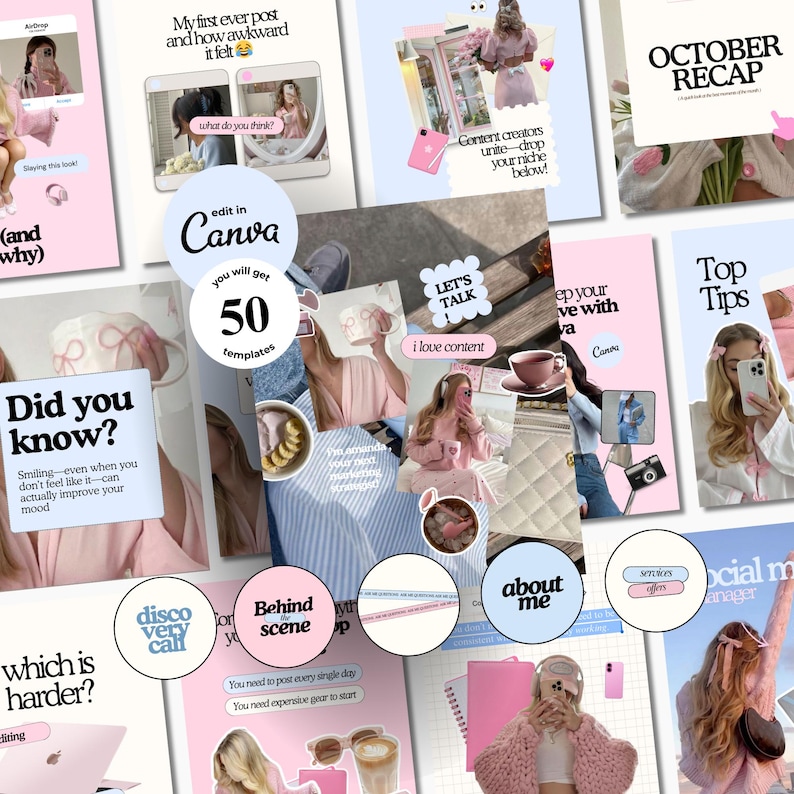 Instagram Template Social Media Templates Pink Instagramable Template canva template instagram bundle templates instagram plantillas sociales digital marketer digital marketeer content creation content cration content creating aes thetics Social Media Manager Instagram Templates SMM Posts and Stories Instagram Marketing Digital Marketer Social Canva Templates Blue & Pink Theme Etsy