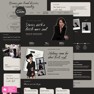 Puede incluir: Una plantilla de portafolio digital con un esquema de color gris oscuro y beige, que incluye textos como "Stories with a little more soul" y "Making room for what feels real." El diseño muestra fotografías, estadísticas de proyectos y servicios.