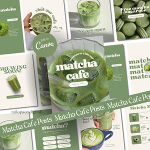 Szablony Matcha Instagram | Szablony Cafe Shop Social Media | Szablony Coffee and Boba Tea Canva | Szablony Milk Tea Full Brand Kit