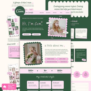 Può includere: Un design di modello per sito web digitale con uno schema di colori verde scuro e rosa chiaro. Il layout include sezioni per un portfolio di creatore, testimonianze dei clienti e descrizioni dello stile con testo come Hi, I'm Gem.