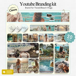 Youtube Branding Templates Travel Vlog Youtube Thumbnails Youtube Channel Art Templates Branding Kit Templates Beach Vlog Youtube Branding