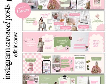 Karussell-Vorlagen, pinke Karussell-Posts, Canva-Vorlagen, IG-Karussell-Content-Creator, nahtloses Karussell, ästhetisches grünes Canva-Vorlagen