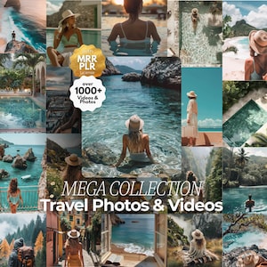以下が含まれることがあります： さまざまな景勝地をフィーチャーした旅行の写真とビデオのコラージュ。画像には、プール、海辺、自然の風景の中にいる人々が含まれています。画像には「MEGA COLLECTION Travel Photos & Videos」と「over 1000+ Videos & Photos」と書かれています。