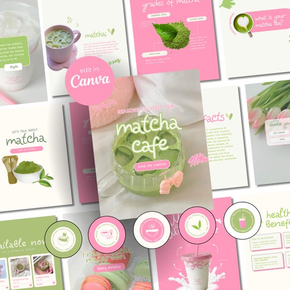 Matcha Pink Coffee Instagram Templates Social Media Template Cafe Business Coffee Shop Template Milkshake Cafe Social Matcha Instagram Posts