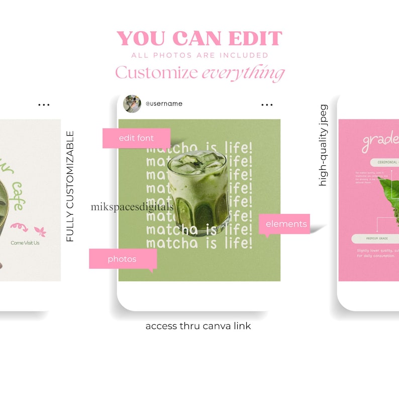 Matcha Pink Coffee Instagram Templates Social Media Template Cafe Business Coffee Shop Template Milkshake Cafe Social Matcha Instagram Posts Etsy