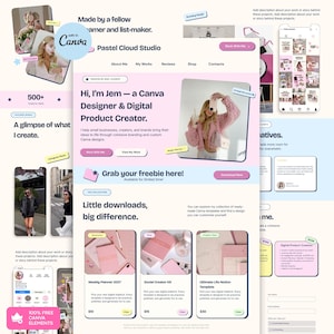 Peut inclure: Un modèle de site web numérique pour Pastel Cloud Studio avec une palette de couleurs rose clair et crème. La mise en page comprend des sections pour un portfolio, des services et des produits numériques comme un agenda, un kit créateur et Notion.