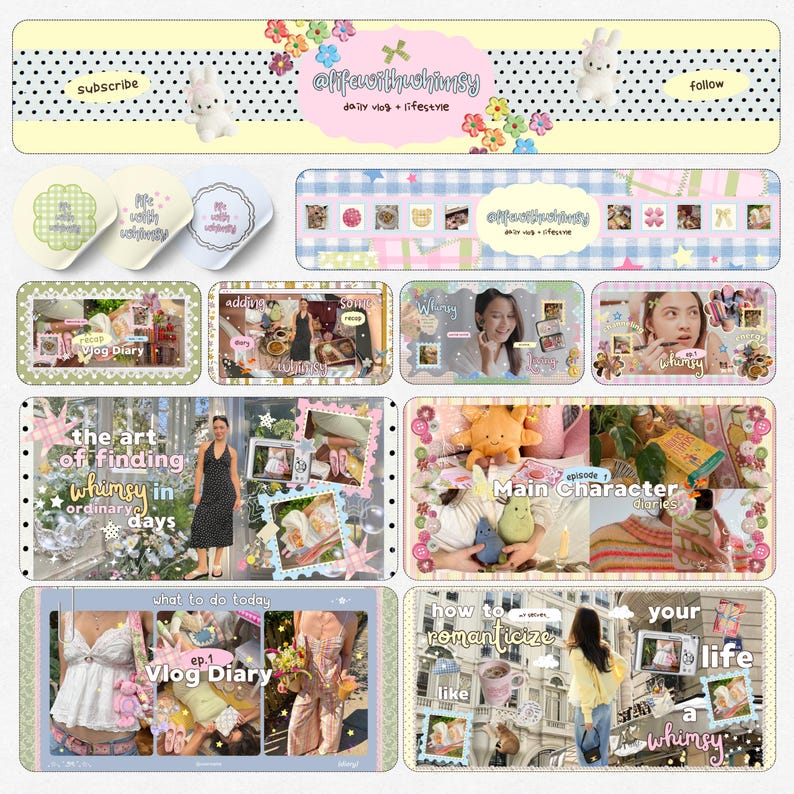 Op de afbeelding: Een digitale social media branding kit met een banner met de tekst @lifewithwhimsy, daily vlog + lifestyle, subscribe en follow. Bevat diverse grafische overlays, collage-stijl thumbnails en tekstelementen zoals Main Character diaries.