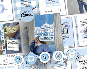 Pastel Blue Instagram Templates Digital Marketing Social Media Templates Canva Templates Aesthetic Instagram Post and Stories with MRR & PLR