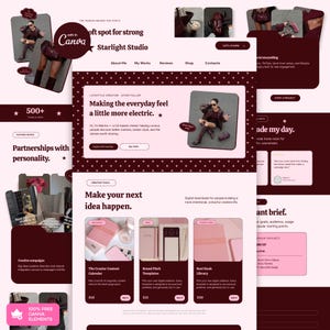 May include: A digital website template layout featuring a dark maroon and light pink color scheme. The design includes sections for a creator portfolio, service descriptions, and a shop area with product cards for content calendars and templates.
