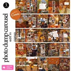 May include: A digital collection of five autumn-themed social media carousel templates featuring warm orange and brown color palettes, fall foliage imagery, and editable text boxes designed for customization within the Canva platform.