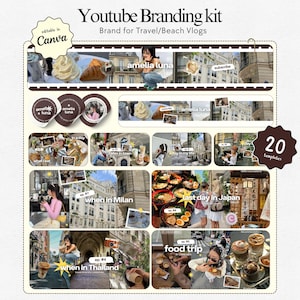 Puede incluir: Un kit de branding de YouTube para vlogs de viajes y playa. El kit incluye 20 plantillas con el texto "Youtube Branding kit" y "Brand for Travel/Beach Vlogs". El diseño presenta fotos, texto y el nombre "amelia luna".
