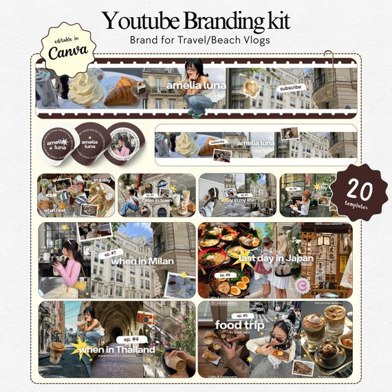 Youtube Branding Kit Youtube Thumbnail Templates Food Travel Vlog Youtube Channel Art Templates Storytelling Youtube Brand Kit Canva Pack