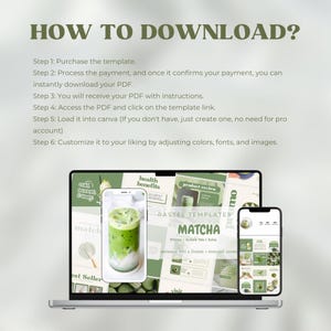 May include: A laptop computer screen displaying a mockup of a social media post template for matcha drinks. The template is green and white with the text "PASTEL TEMPLATES MATCHA Milktes | Bubble tea | Boba INSTAGRAM POST & STORIES HIGHLIGHT COVERS".