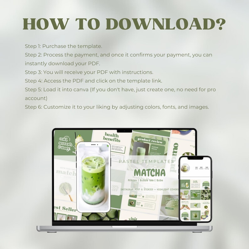 May include: A laptop computer screen displaying a mockup of a social media post template for matcha drinks. The template is green and white with the text "PASTEL TEMPLATES MATCHA Milktes | Bubble tea | Boba INSTAGRAM POST & STORIES HIGHLIGHT COVERS".