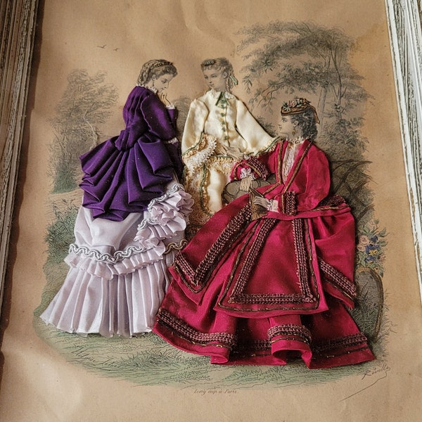 rare Victorian and Edwardian Fashions from "La Mode Illustrée", gravure authentique et robe en tissus et relief Napoléon III XIXs  ( Ref 2 )