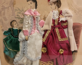Rare Victorian and Edwardian fashions from "La Mode Illustrée", authentic engraving and dress in fabric and relief, Napoleon III style, 19th century