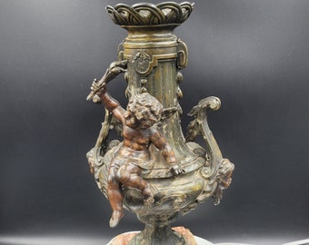 antique Vase (Height 35.5 cm) in molded metal, vintage cassolette, marble base, Napoleon III, Late 19th early 20th Century