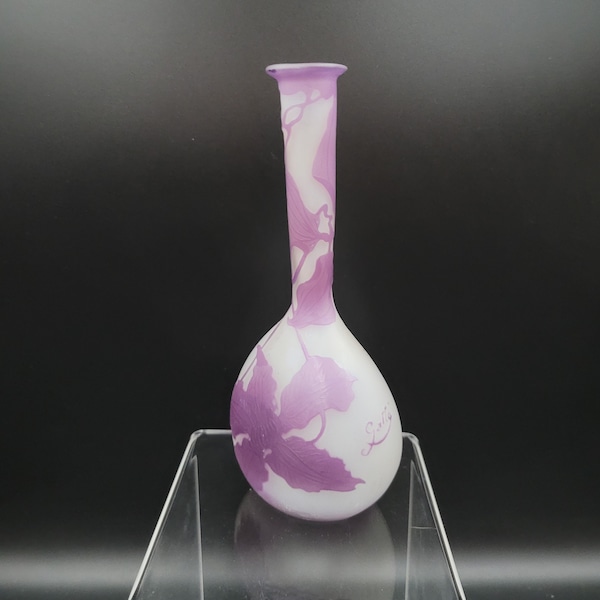 Double glass soliflore vase by Émile Gallé Art Nouveau purple with clematis decoration, Height 18 cm signed Gallé