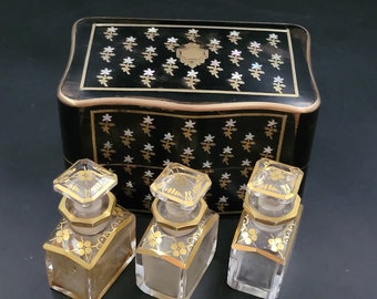 3-Bottle French Napoleon III Scented Box 3 Victorian Wooden Box XIX decorated with marquetry said to the queen