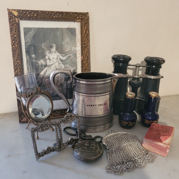 Vintage lot decoration objets antiques paire de jumelle gravure montre argenterie limoges...