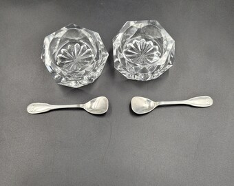 Salières En Verre Et Métal Argenté – Vintage 1920-1949 – Avec Cuillères – Très Bon état