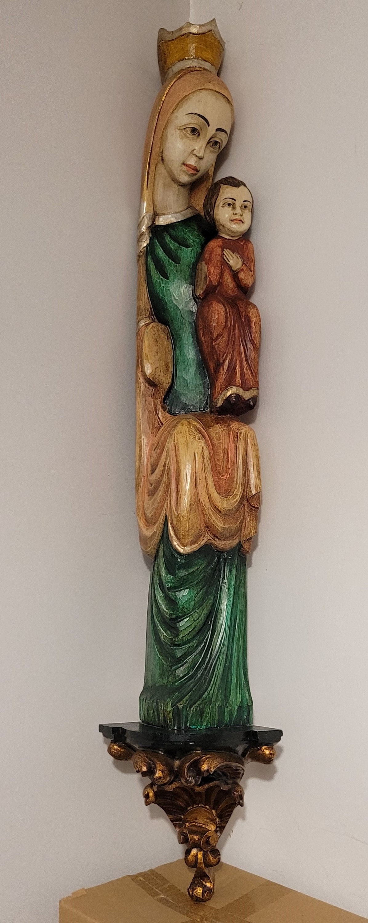 Enorme Sculpture Religieuse Polychrome sur Bois, Vierge à L'enfant/ Big Polychrome Religious Sculptu