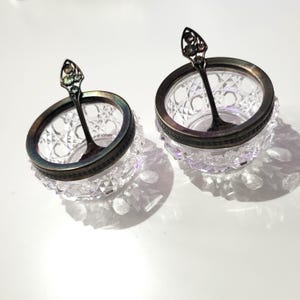 Peut inclure: Deux salières en cristal transparent avec des bords argentés et des cuillères décoratives. Les salières ont un design en verre taillé et sont posées sur une surface blanche. Les cuillères ont des motifs floraux sur les manches.