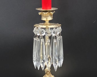 Candelabrum, candlestick in gilded bronze and crystal pendants Height 23.5cm (9.25 inch) Napoleon III Victorian Georgian