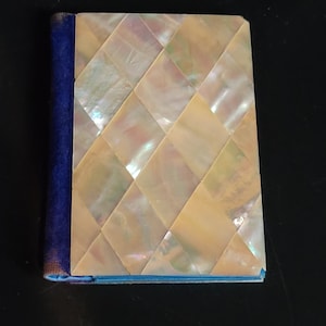 pequeño cuaderno Ball de nácar con interior de seda azul Art-Deco Napoleón 3 victoriano francés auténtico y raro