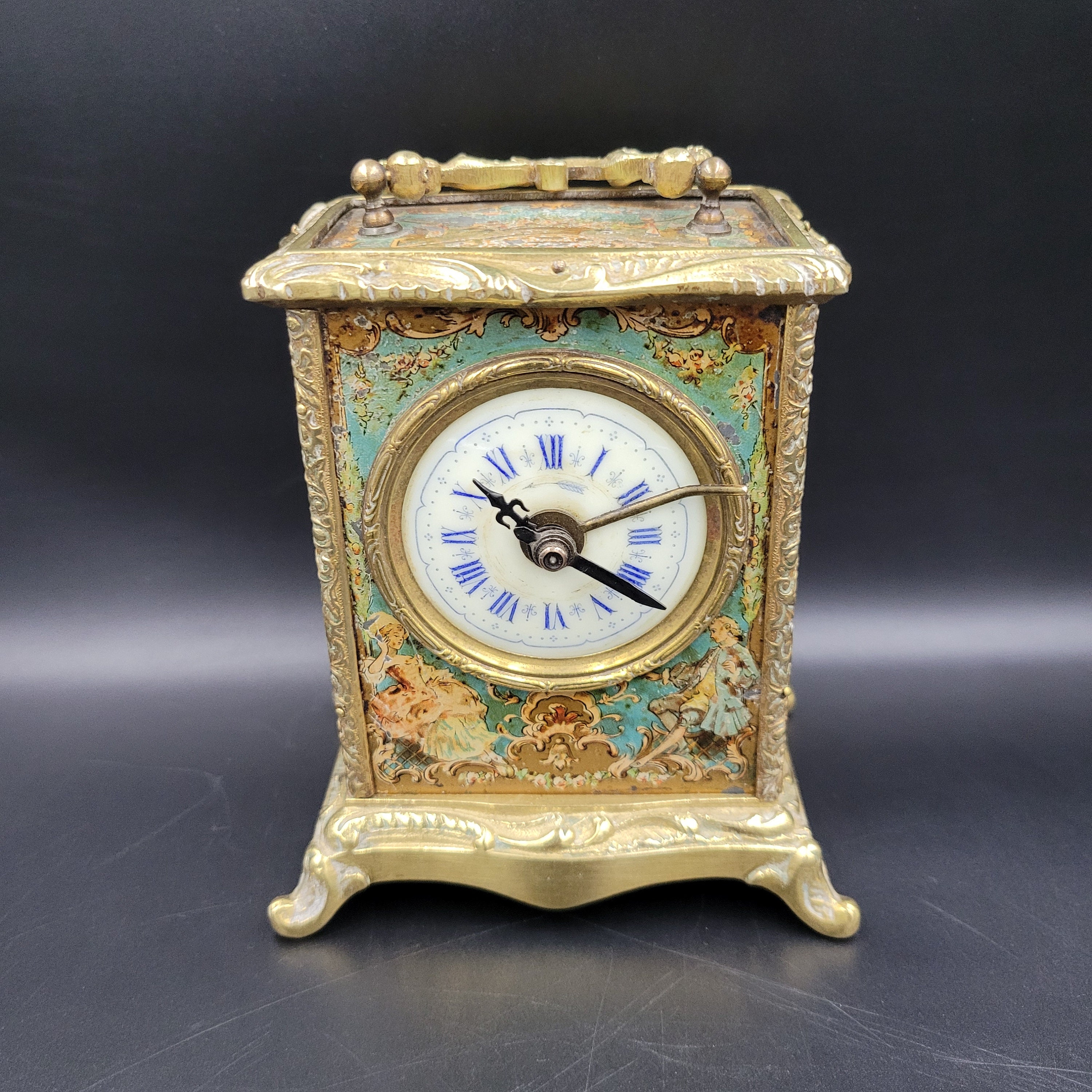 French Brass Carriage Travel Desk Mantel Clock with Alarm