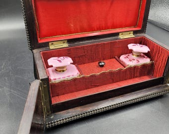 Napoleon III Travel Box Wooden Box 19th Century Boulle Marquetry, Brass Inlay - 2 Porcelain Bottles
