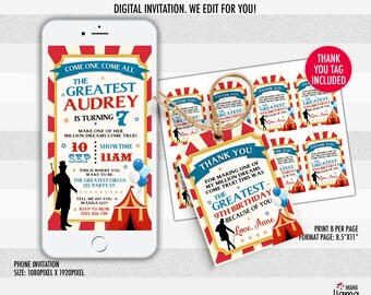 Circus Invitation, Girl or boy invitation, The Greatest Showman, Thank you tag included, We edit for you, size 1080X1920PIXEL L063