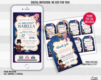 Circus Invitation, Girl or boy invitation, The Greatest Showman, Thank you tag included, We edit for you in 24hrs or least L120