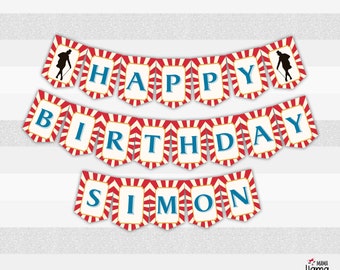 May include: A red and white striped banner with the words "Happy Birthday Simon" in blue letters. The banner has a circus theme with a silhouette of a person in a top hat and cane on each end.