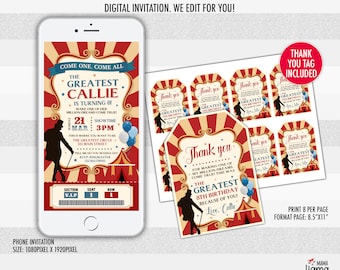 Circus Invitation, Girl or boy invitation, The Greatest Showman, Thank you tag included, We edit for you, size 1080X1920PIXEL L075