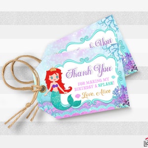Tags de agradecimento sereia, festa de princesa, festa de aniversário de sereia, cartão de sereia, festa para imprimir, festa infantil digital, editamos para você L087