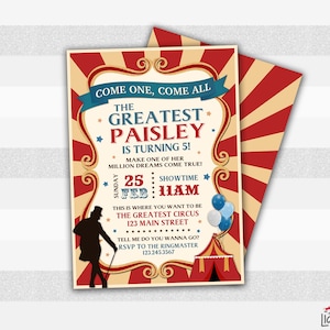 Circus Invitation, Party invite, Greatest Showman, Ringmaster invite, Background included, We edit for you, size 5x7" or 4x6" L055