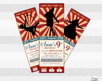 Puede incluir: Una invitación de estilo boleto rojo, blanco y azul para una fiesta de cumpleaños. La invitación dice "Venga uno, venga todos" y "Anne's 9th Birthday". La fiesta es el sábado 5 de agosto, de 10 pm a 2 pm. El evento es una "Big Top Party" en Main Street 5555, Greatest Avenue NY 0000. RSVP al Ringmaster al 123 146 7890.