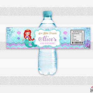 Rótulo de garrafa de água sereia, festa de princesa, festa de aniversário de sereia, cartão de sereia, festa para impressão, festa infantil digital, editamos para você L088