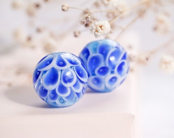 One pair blue petal glass beads, blue flower beads for earrings, handmade glass beads for jewelry making, summer flowers beads